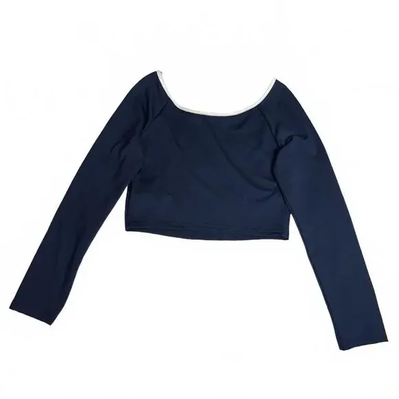Missguided Navy Blue Long Sleeve Crop Top with White Trim - Picture 2 of 7